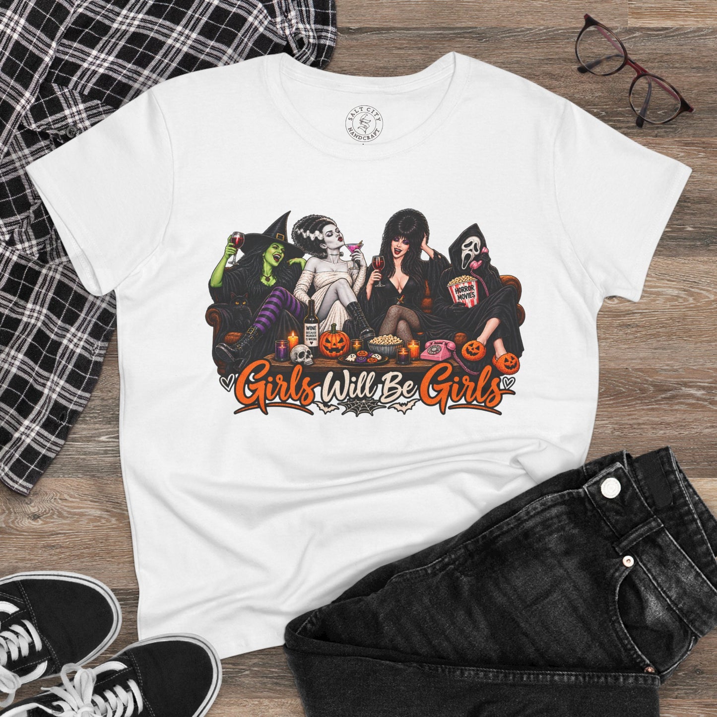 Girls Will Be Girls Halloween Graphic Tee — Retro Horror Shirt for Women