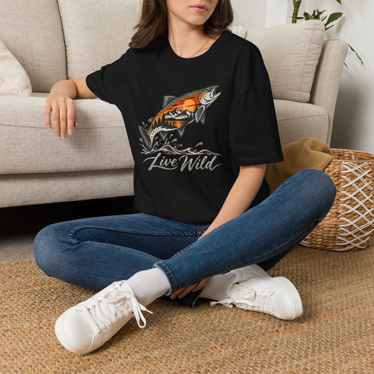 Fishing Salmon T-Shirt — 'Live Wild' Mountain Sunset Fish Tee