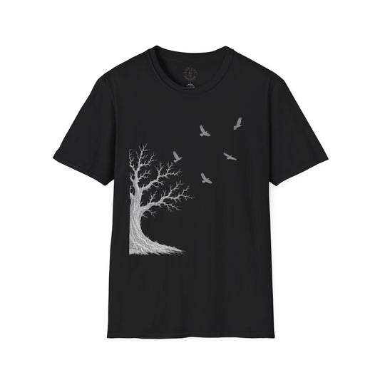 Ravens in Flight Tree T‑Shirt — Minimal Nature Graphic Tee