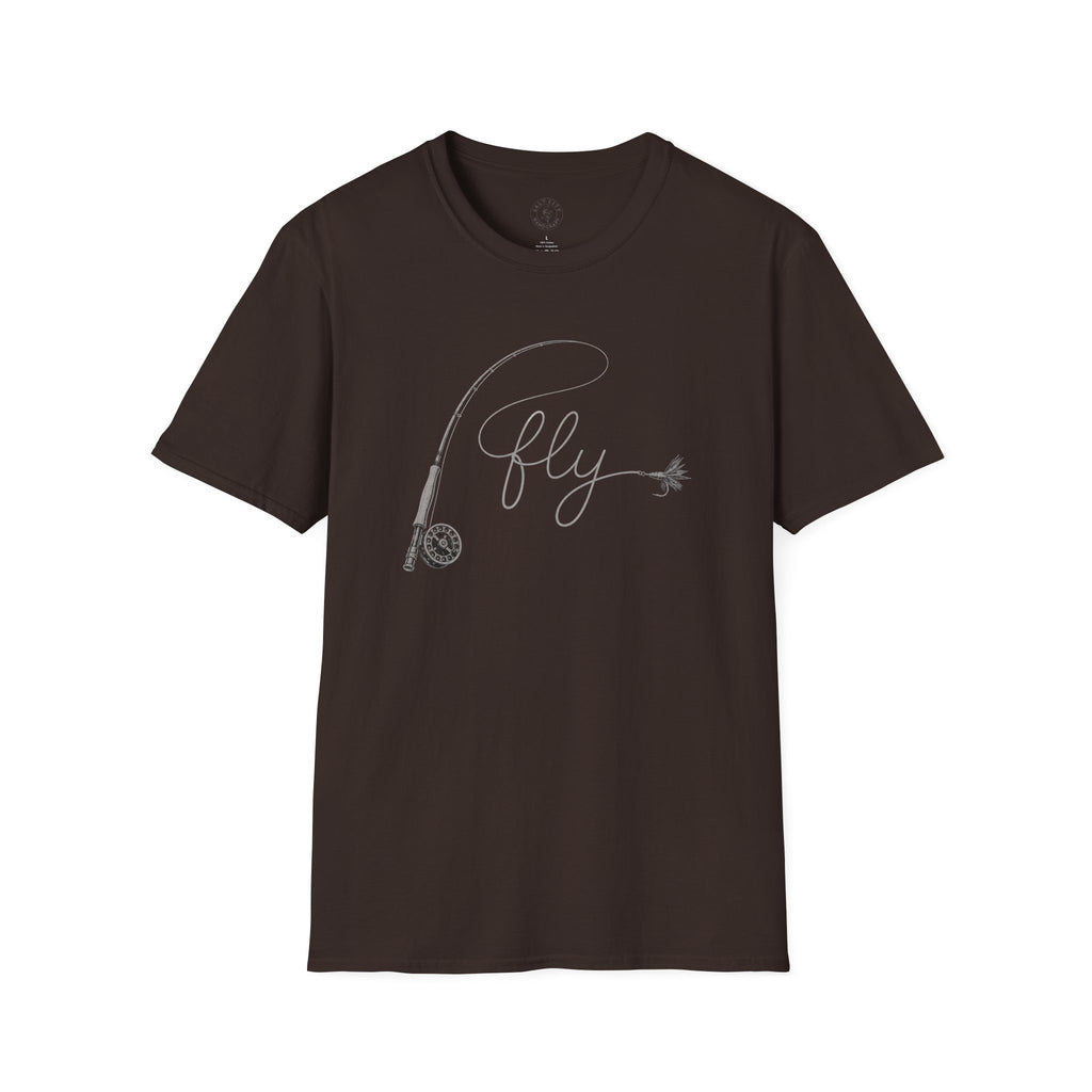 Fly Fishing T-Shirt — Minimal Fly & Rod Illustration