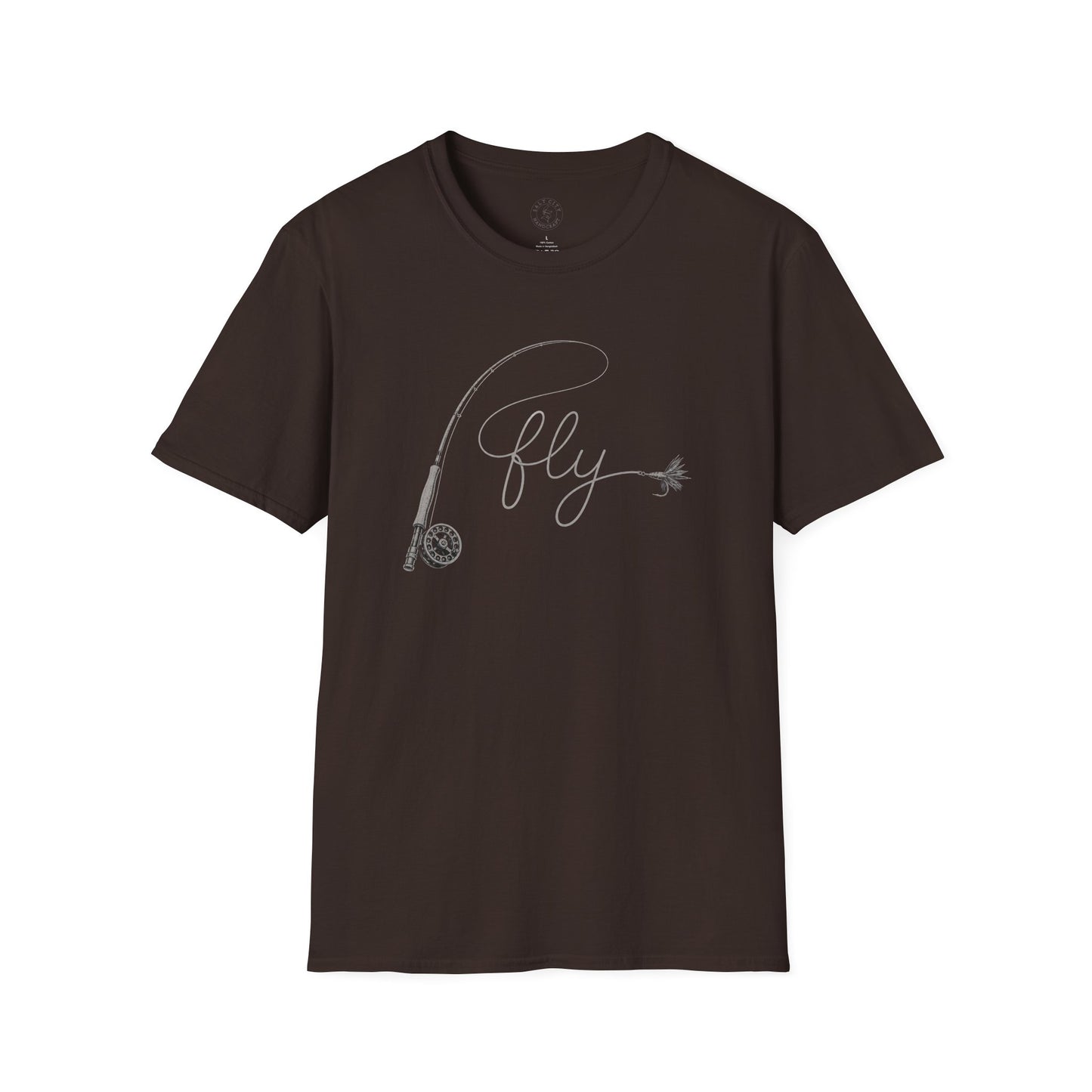 Fly Fishing T-Shirt — Minimal Fly & Rod Illustration