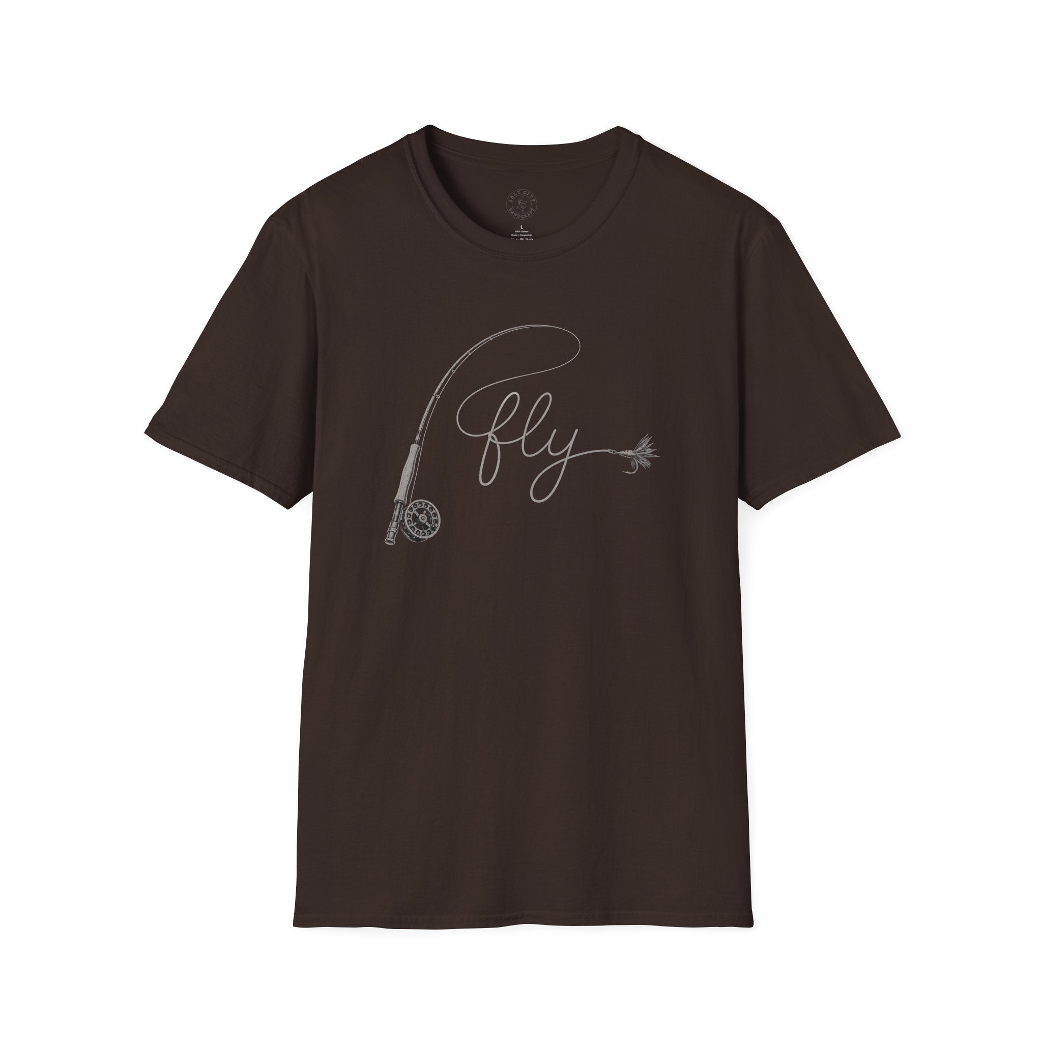 Fly Fishing T-Shirt — Minimal Fly & Rod Illustration