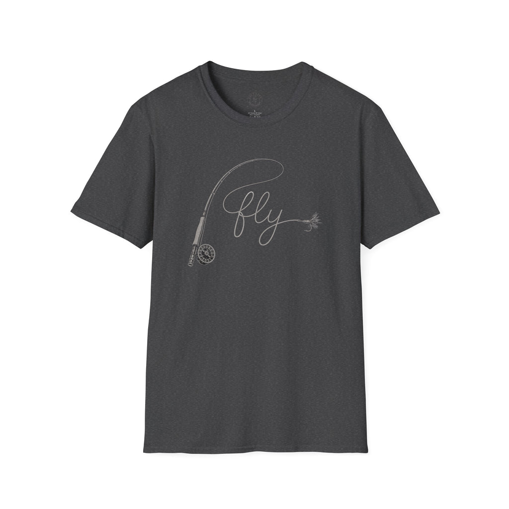 Fly Fishing T-Shirt — Minimal Fly & Rod Illustration