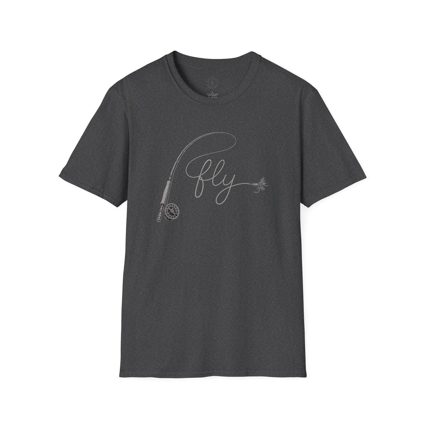 Fly Fishing T-Shirt — Minimal Fly & Rod Illustration