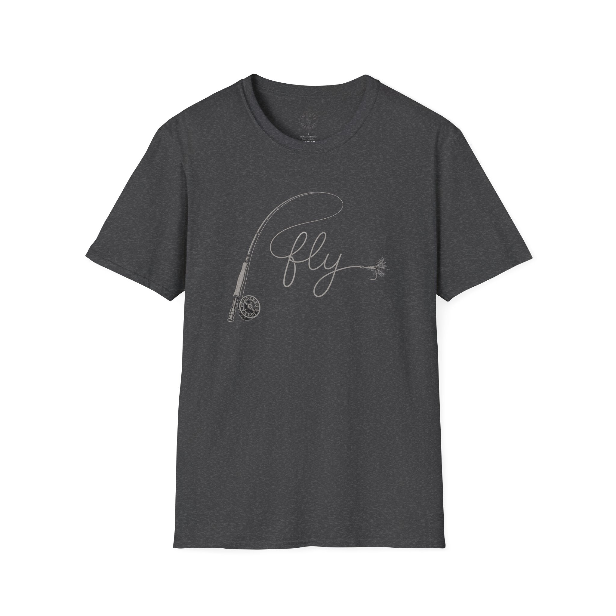 Fly Fishing T-Shirt — Minimal Fly & Rod Illustration