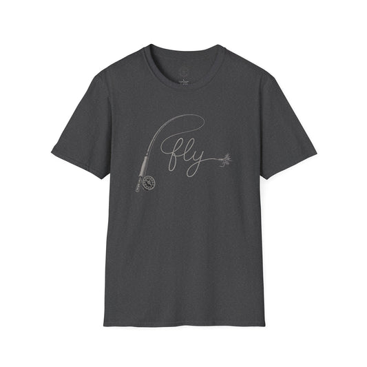Fly Fishing T-Shirt — Minimal Fly & Rod Illustration