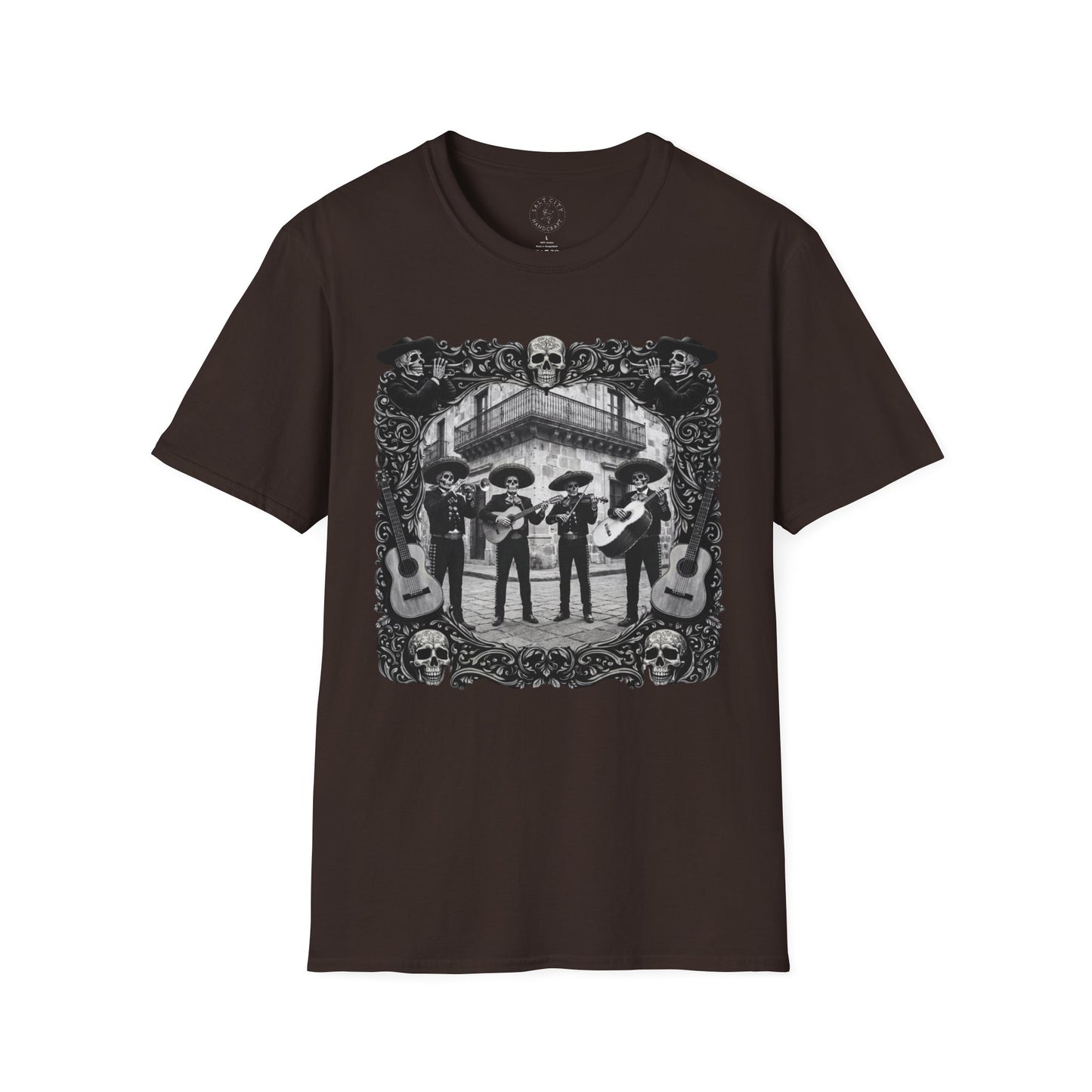 Skeleton Mariachi Band Tee | Ornate Gothic Style Framing | Unisex Softstyle T-Shirt