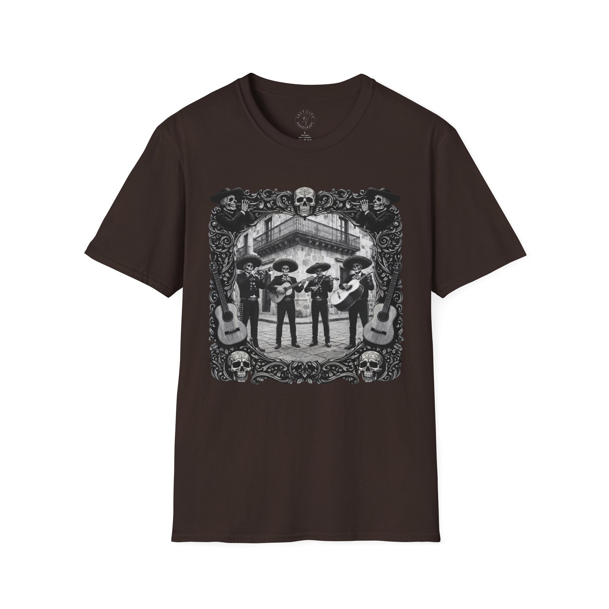 Skeleton Mariachi Band Tee | Ornate Gothic Style Framing | Unisex Softstyle T-Shirt