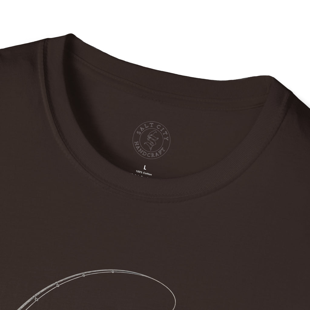 Fly Fishing T-Shirt — Minimal Fly & Rod Illustration