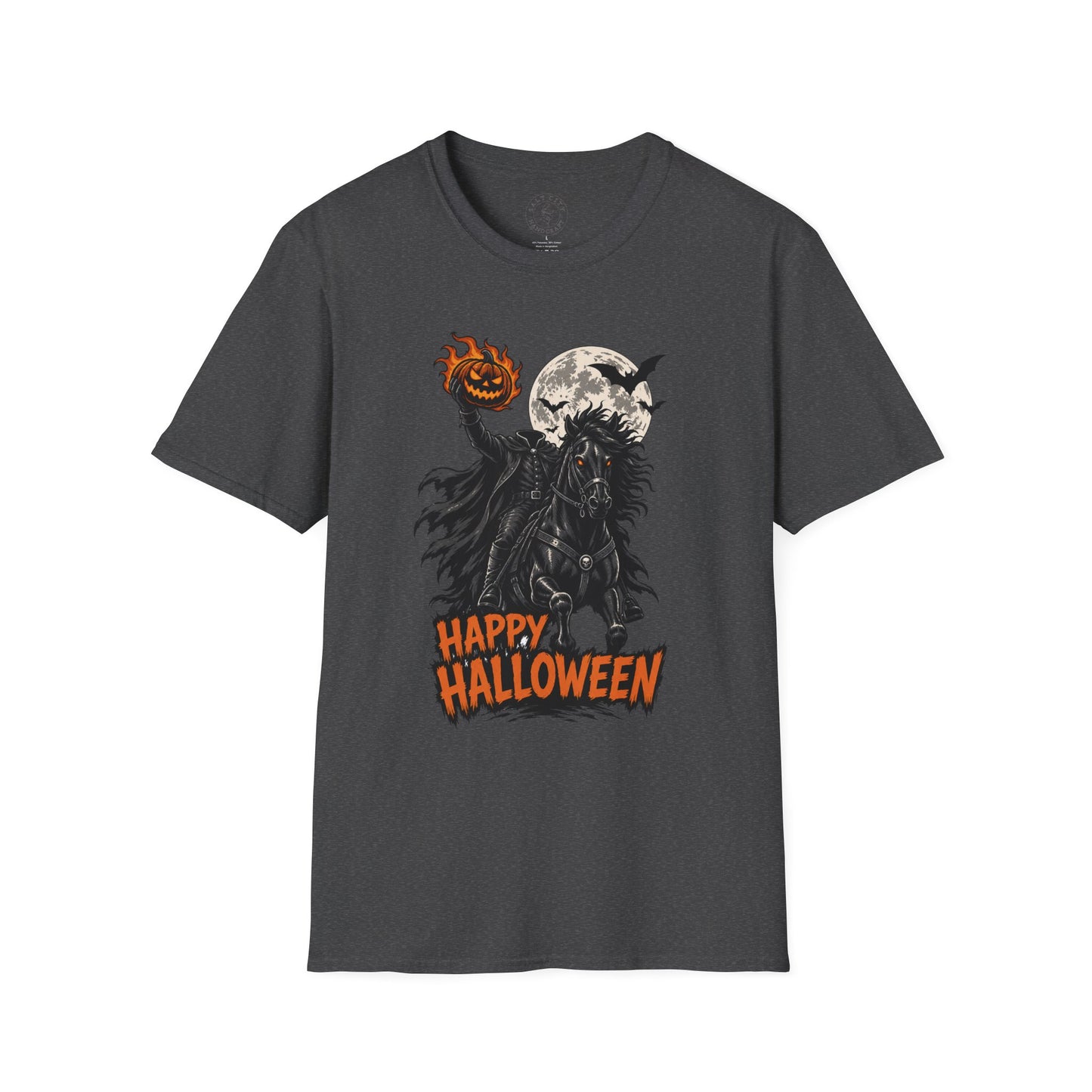 Happy Halloween Headless Horseman T‑Shirt — Pumpkin Head, Full Moon Gothic Tee