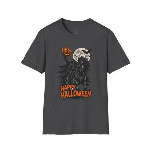Happy Halloween Headless Horseman T‑Shirt — Pumpkin Head, Full Moon Gothic Tee