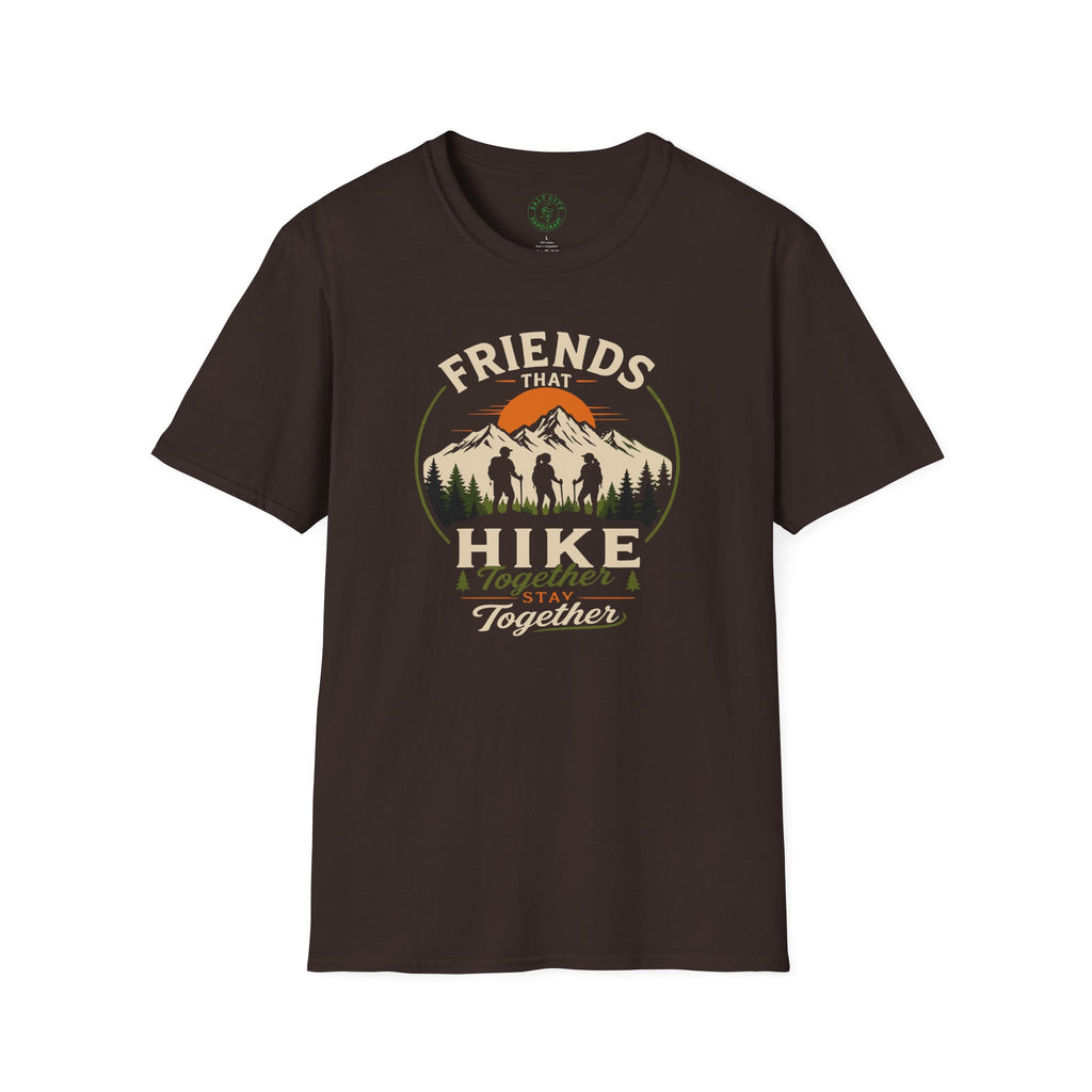 Hiking T-Shirt — "Friends That Hike Together" Retro Mountain Crew Tee