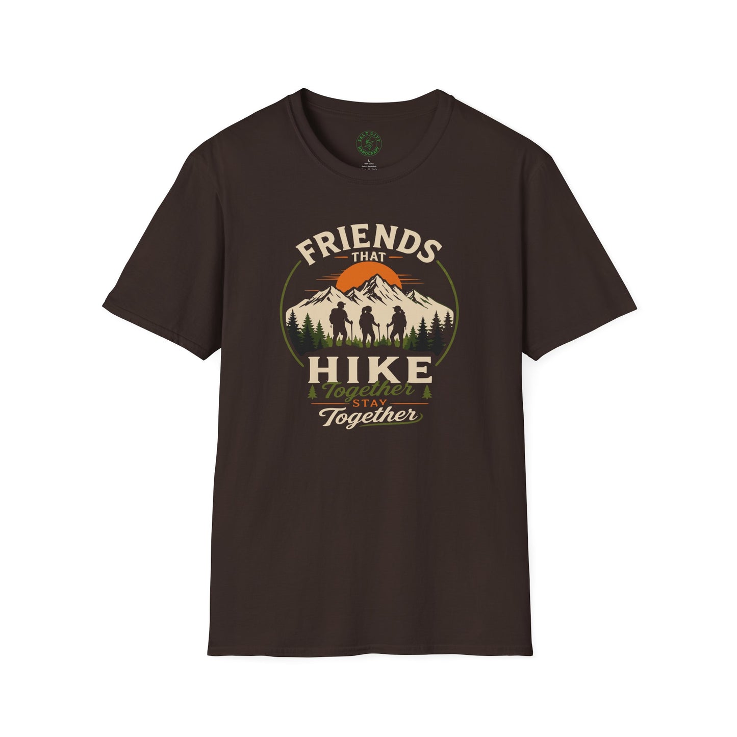 Hiking T-Shirt — "Friends That Hike Together" Retro Mountain Crew Tee