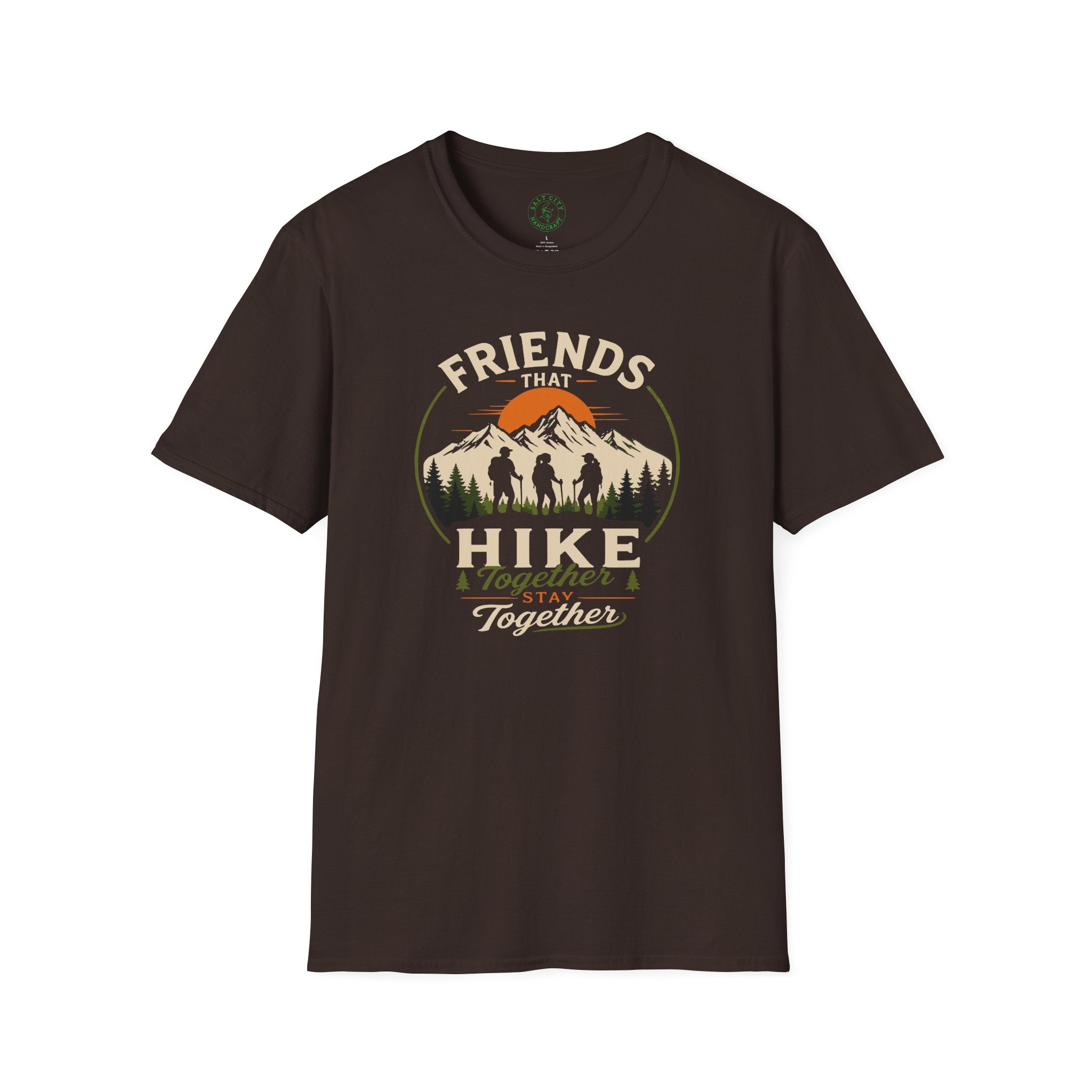 Hiking T-Shirt — "Friends That Hike Together" Retro Mountain Crew Tee