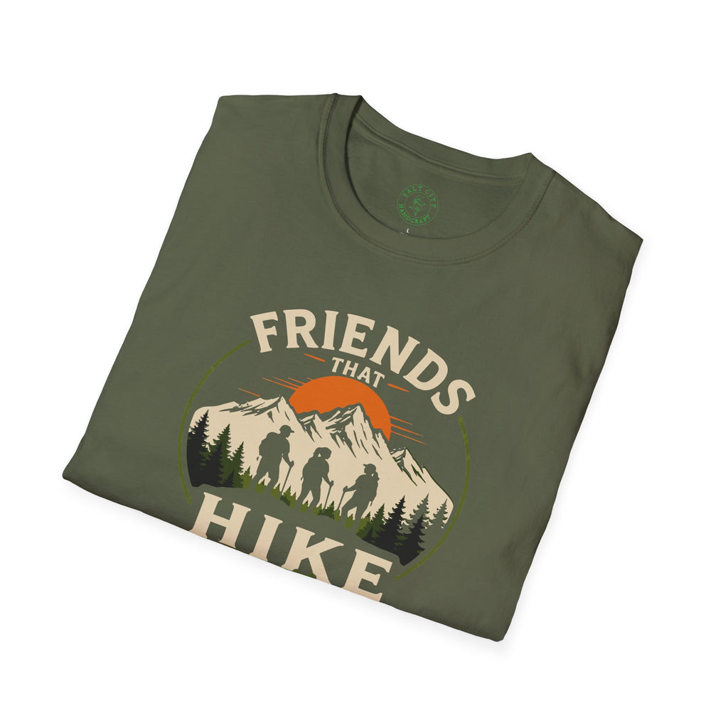 Hiking T-Shirt — "Friends That Hike Together" Retro Mountain Crew Tee