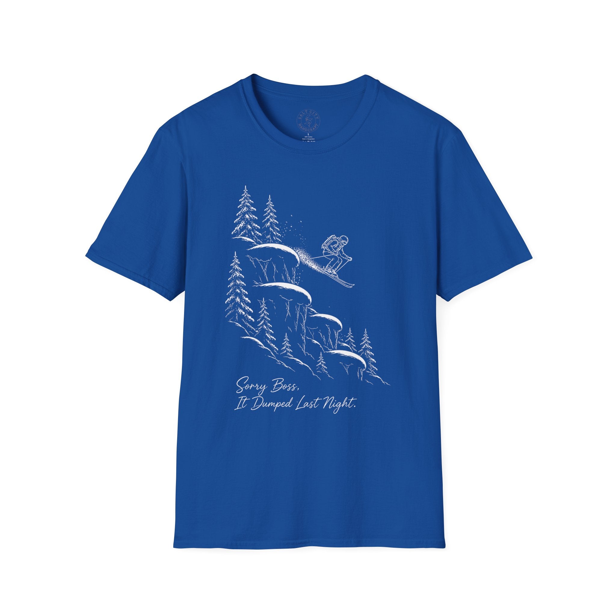 Skiing Cliffside T-Shirt — "Sorry Boss, It Dumped Last Night" Ski Adventure Shirt