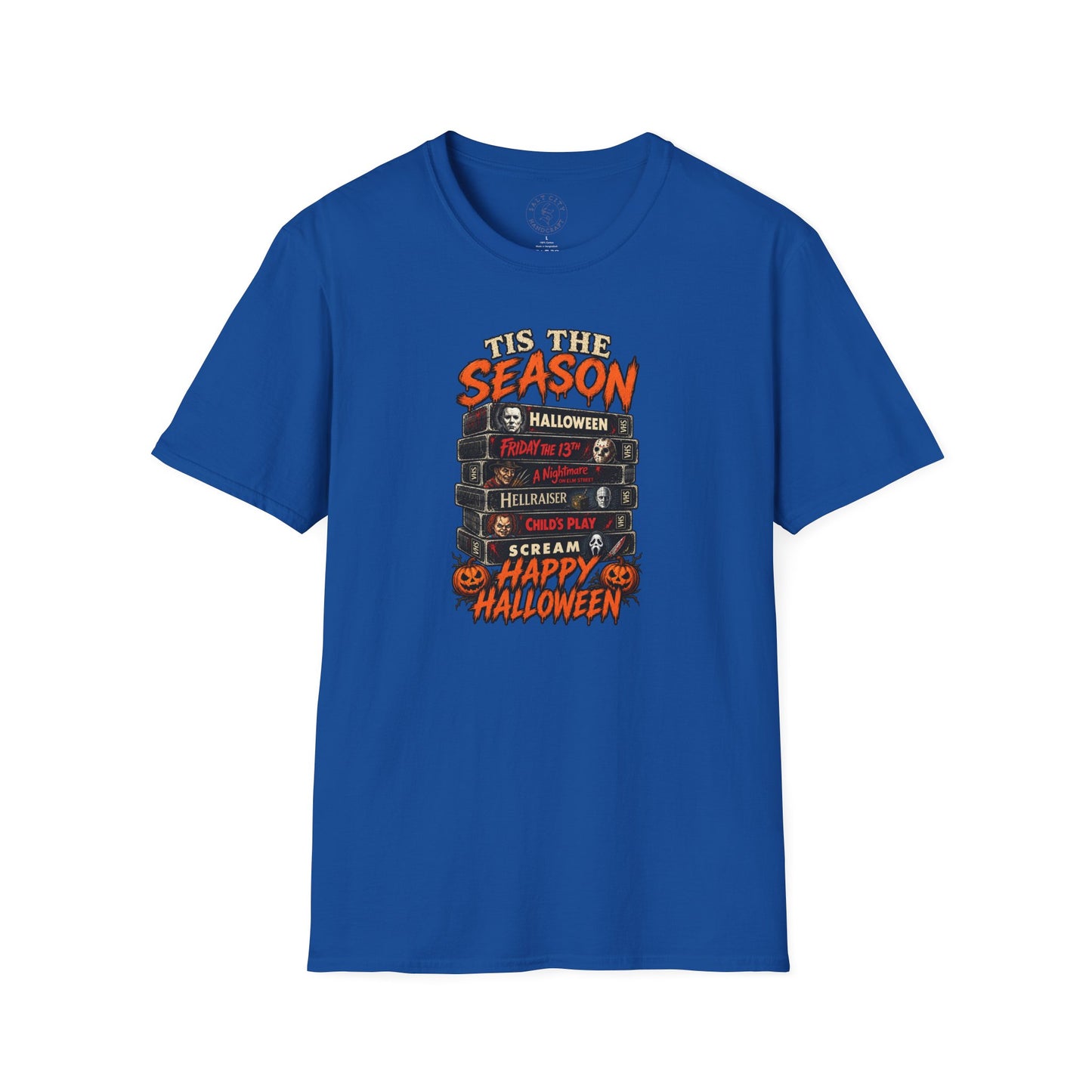 Halloween Horror Stack T‑Shirt — “’Tis The Season” Classic Horror VHS Design
