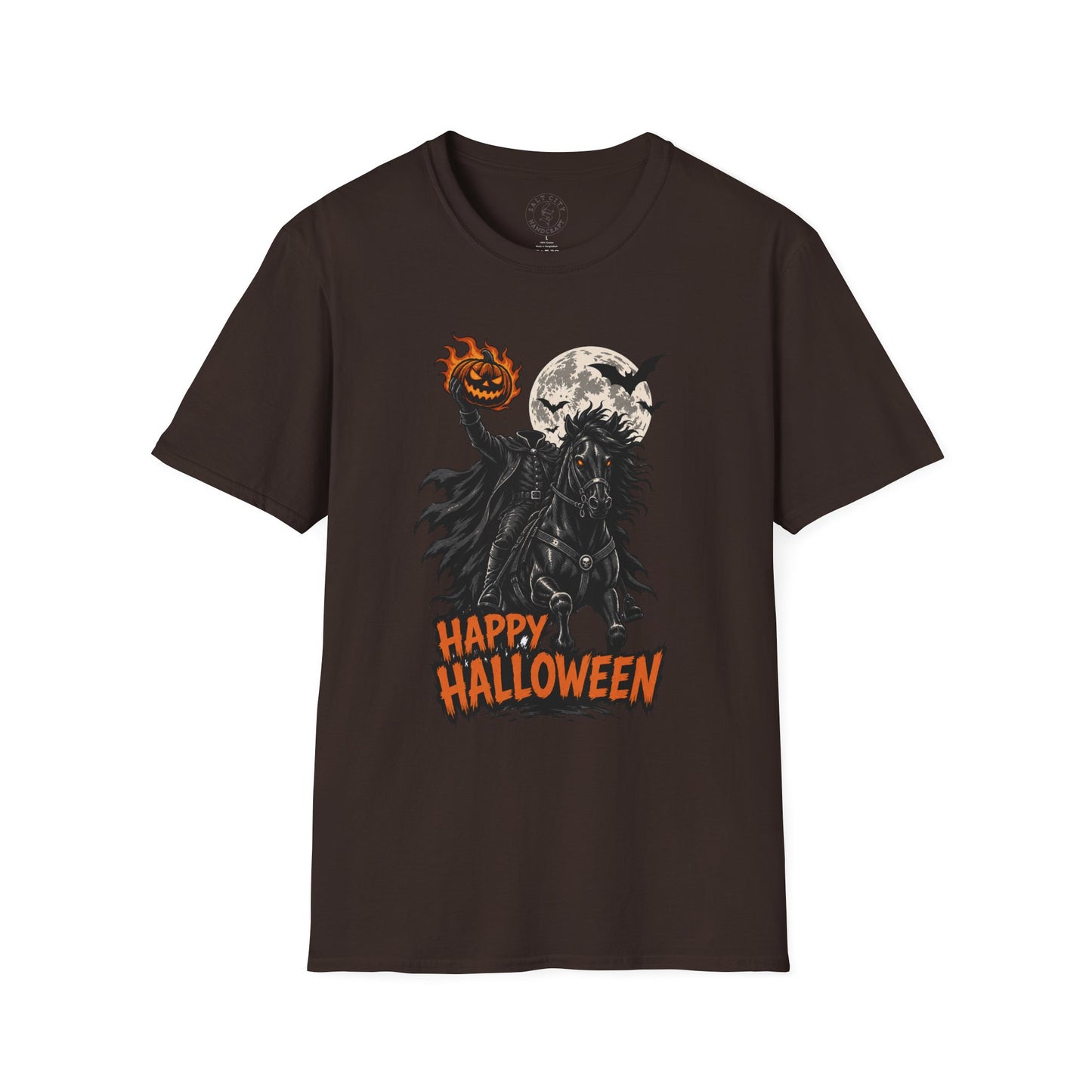 Happy Halloween Headless Horseman T‑Shirt — Pumpkin Head, Full Moon Gothic Tee