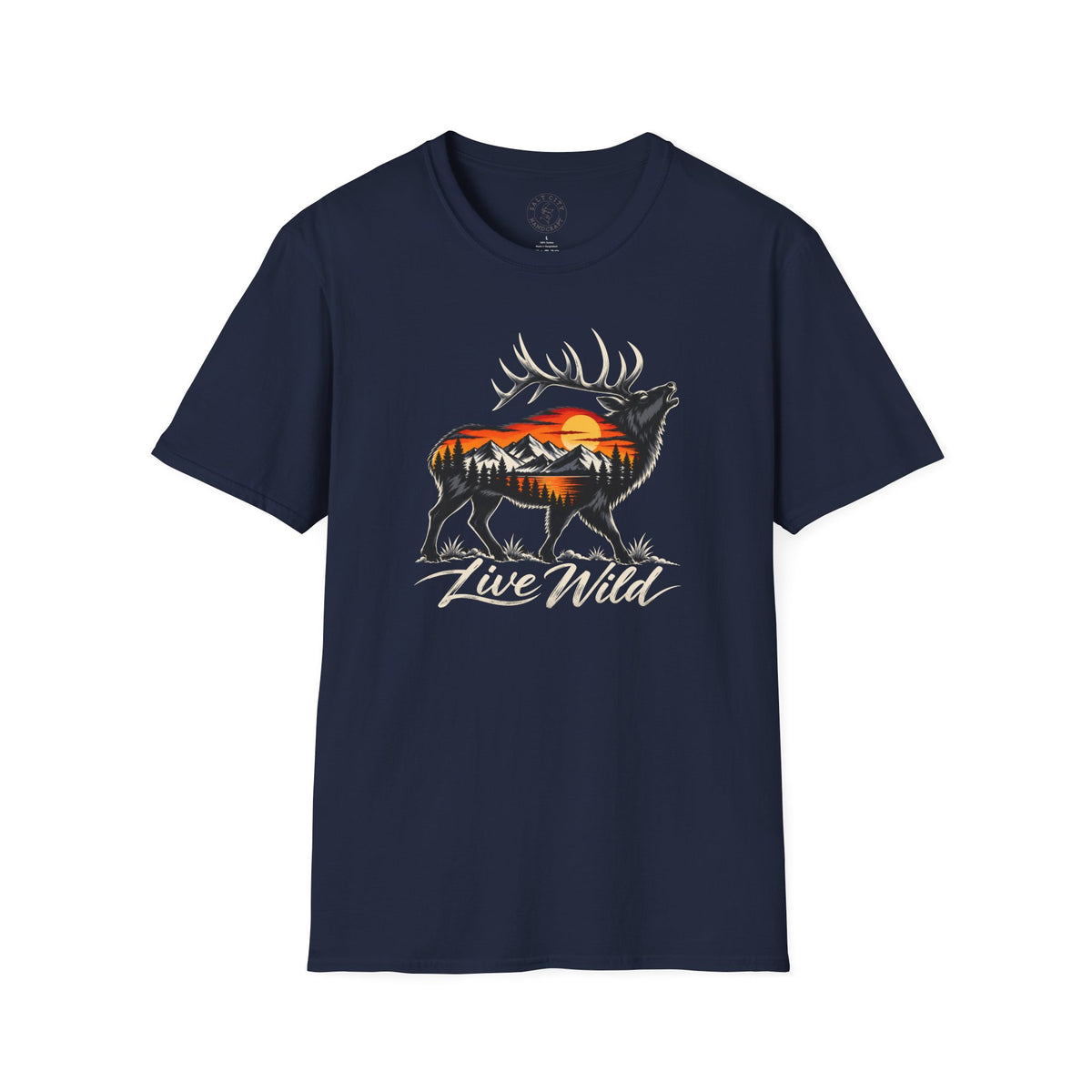 Elk Sunset T-Shirt — “Live Wild” Mountain Nature Graphic Tee