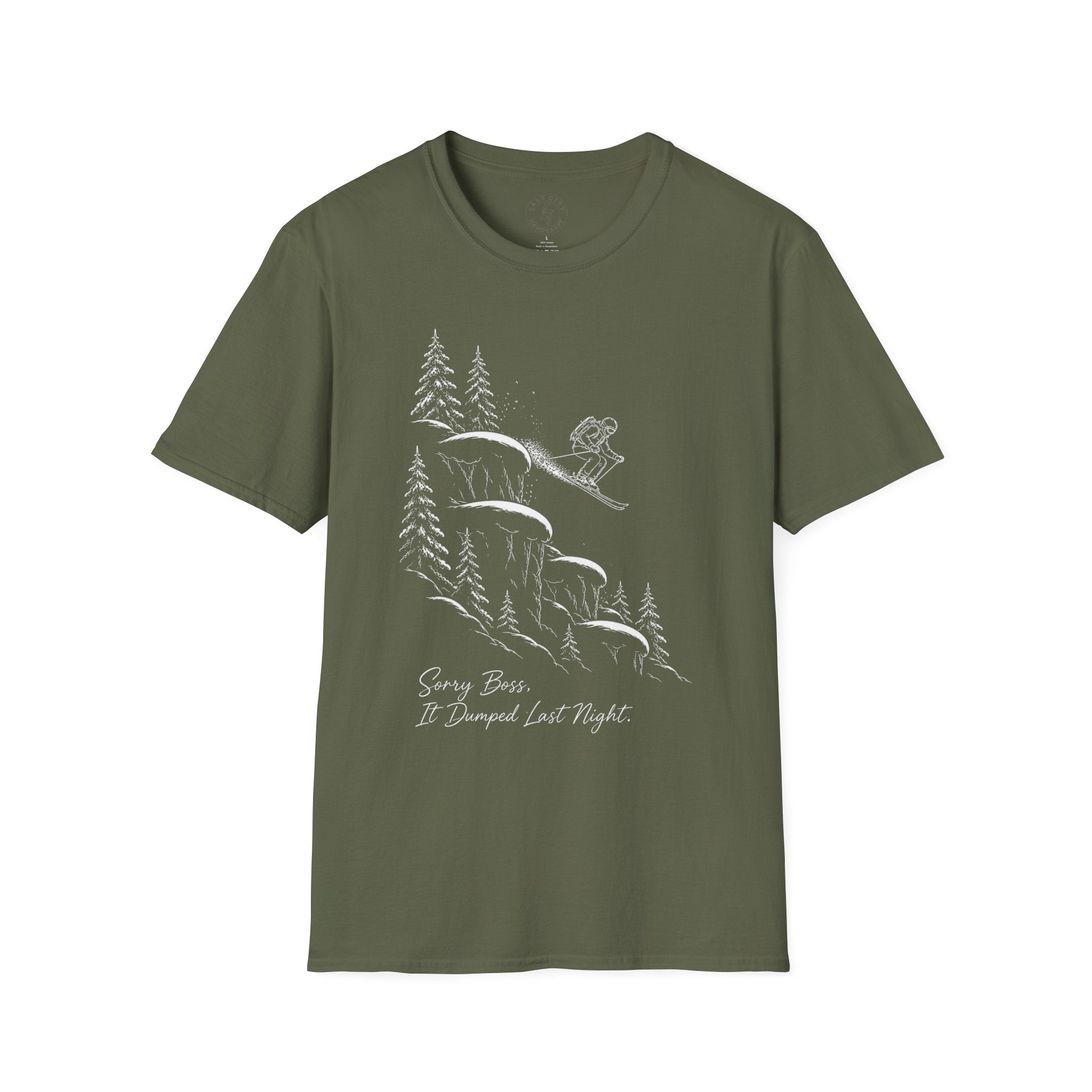 Skiing Cliffside T-Shirt — "Sorry Boss, It Dumped Last Night" Ski Adventure Shirt