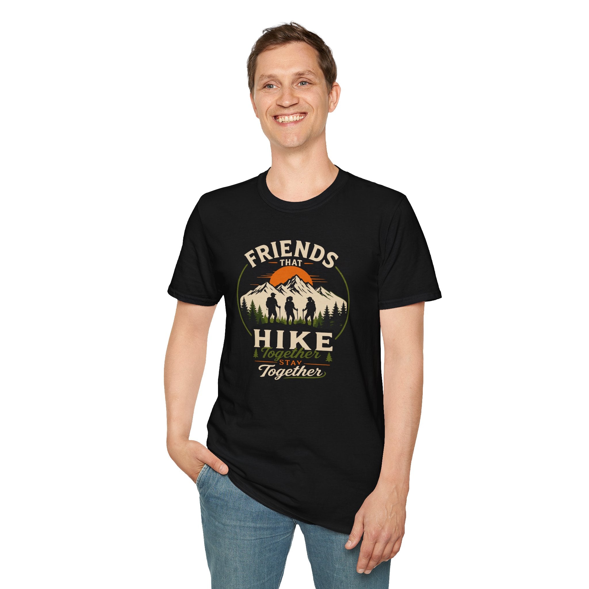 Hiking T-Shirt — "Friends That Hike Together" Retro Mountain Crew Tee