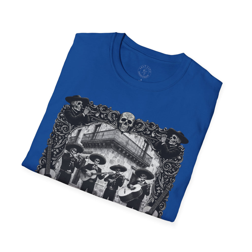 Skeleton Mariachi Band Tee | Ornate Gothic Style Framing | Unisex Softstyle T-Shirt