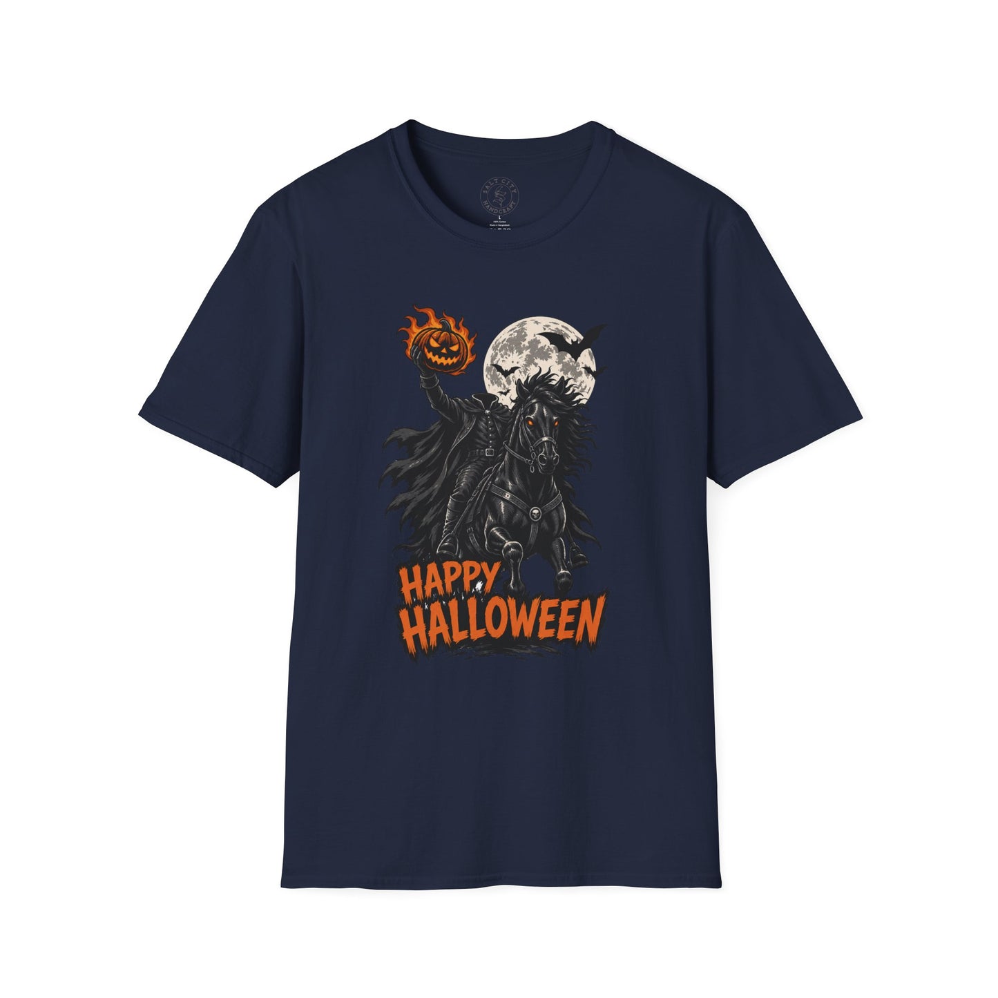 Happy Halloween Headless Horseman T‑Shirt — Pumpkin Head, Full Moon Gothic Tee