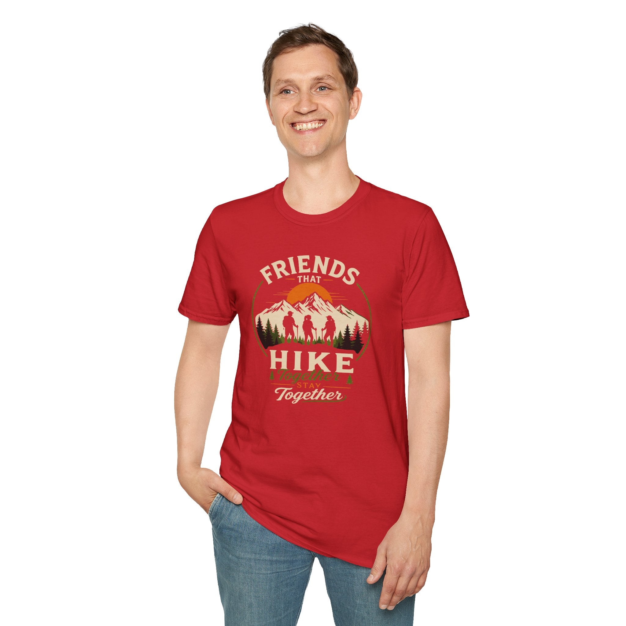 Hiking T-Shirt — "Friends That Hike Together" Retro Mountain Crew Tee