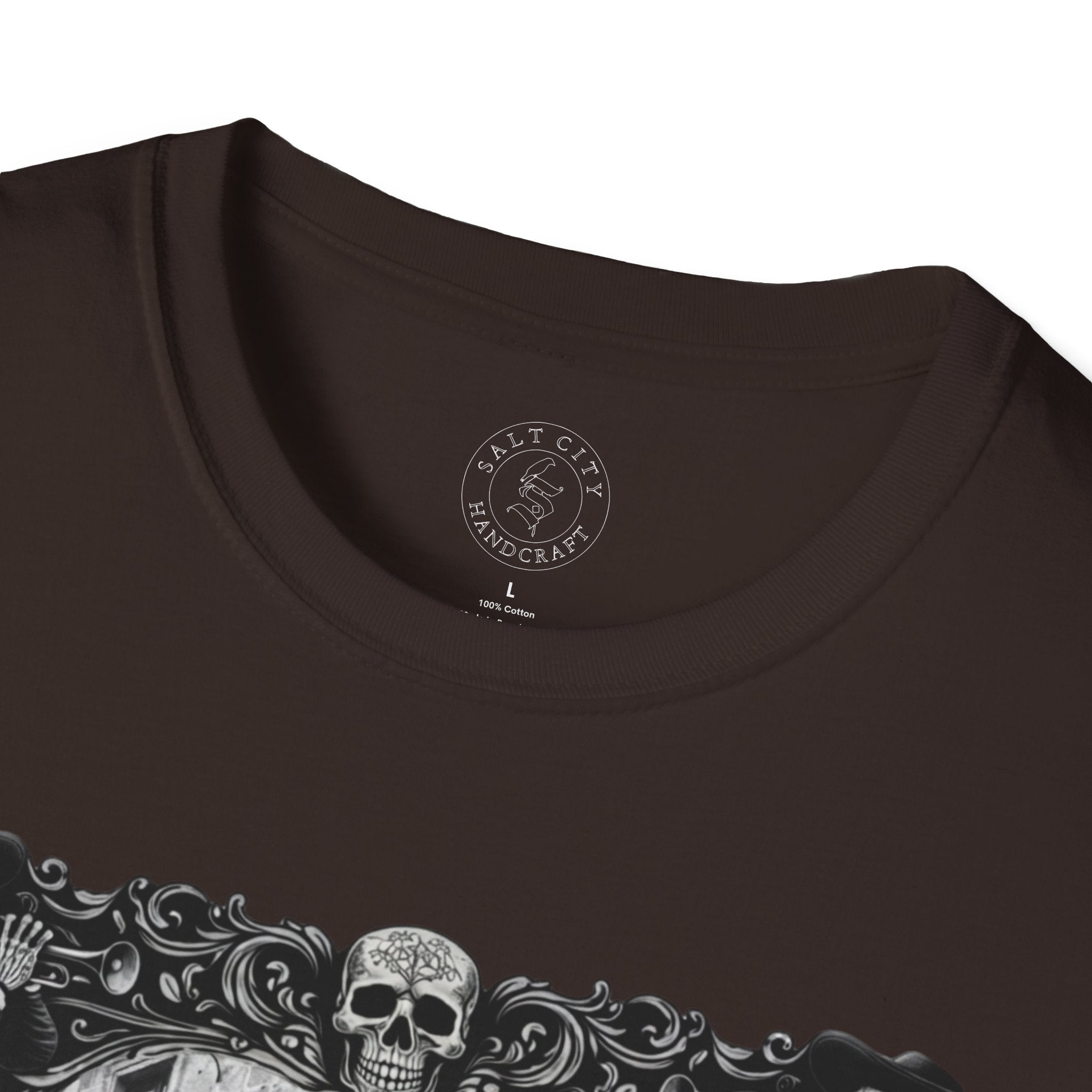 Skeleton Mariachi Band Tee | Ornate Gothic Style Framing | Unisex Softstyle T-Shirt