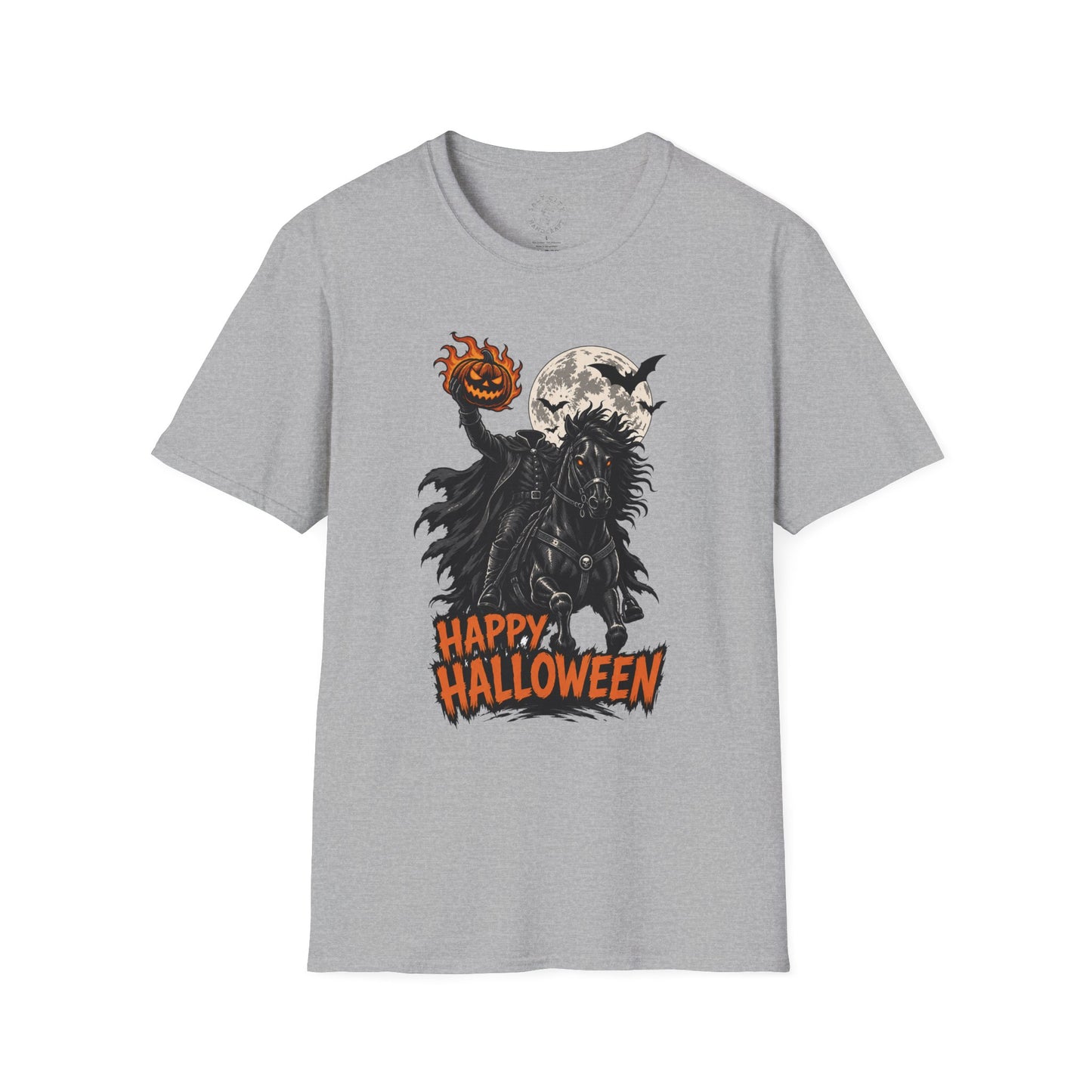 Happy Halloween Headless Horseman T‑Shirt — Pumpkin Head, Full Moon Gothic Tee
