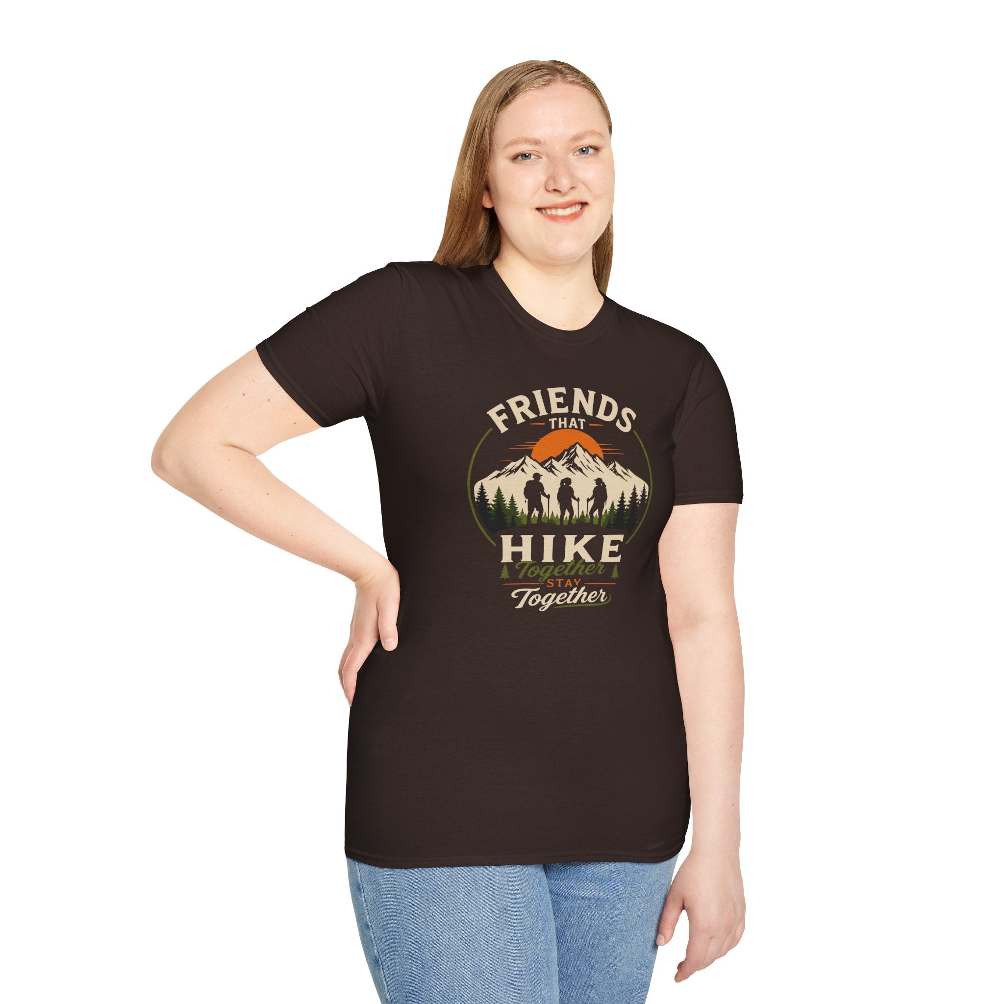 Hiking T-Shirt — "Friends That Hike Together" Retro Mountain Crew Tee