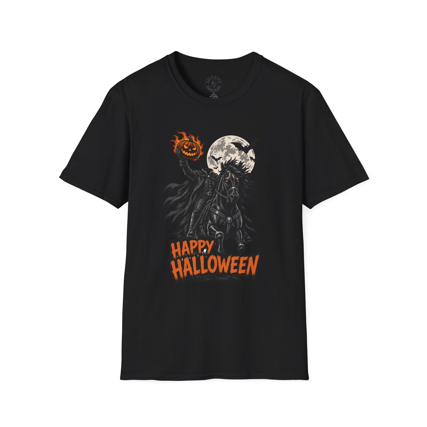 Happy Halloween Headless Horseman T‑Shirt — Pumpkin Head, Full Moon Gothic Tee