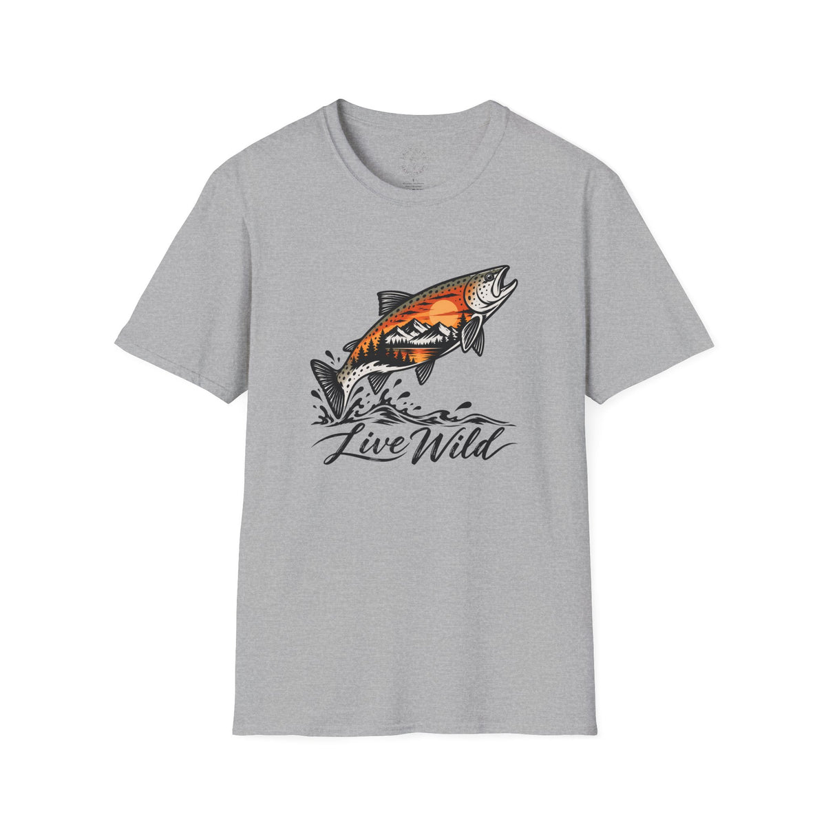 Fishing Salmon T-Shirt — 'Live Wild' Mountain Sunset Fish Tee