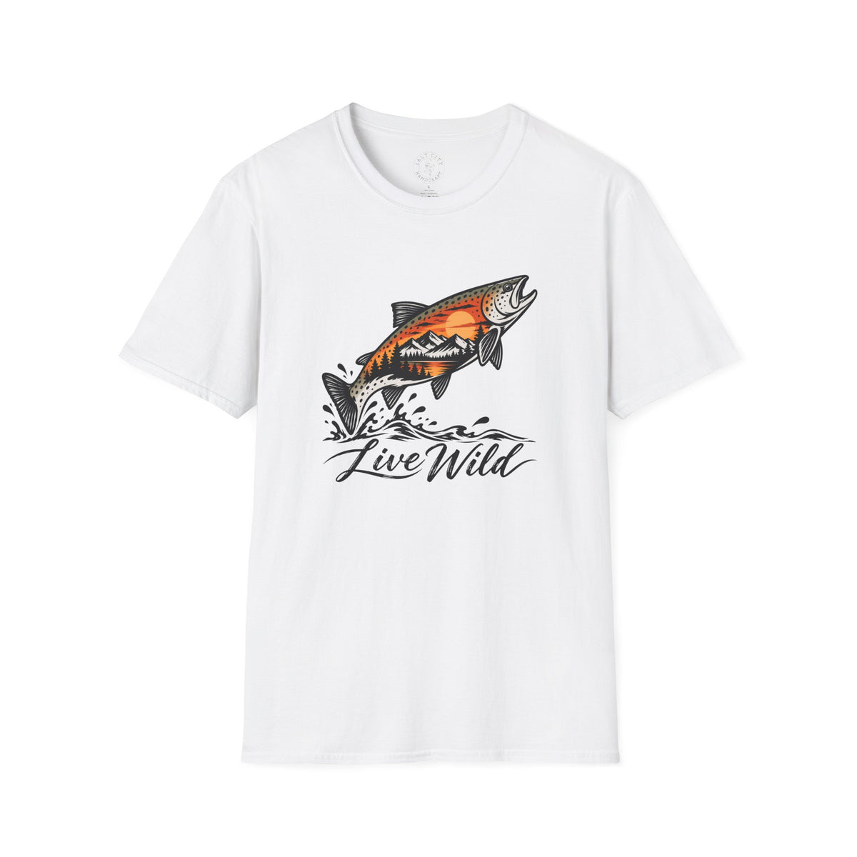 Fishing Salmon T-Shirt — 'Live Wild' Mountain Sunset Fish Tee