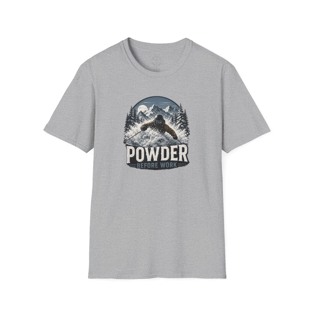 Powder Before Work Ski T-Shirt | Vintage Mountain Snowboarding Tee | Unisex Tee