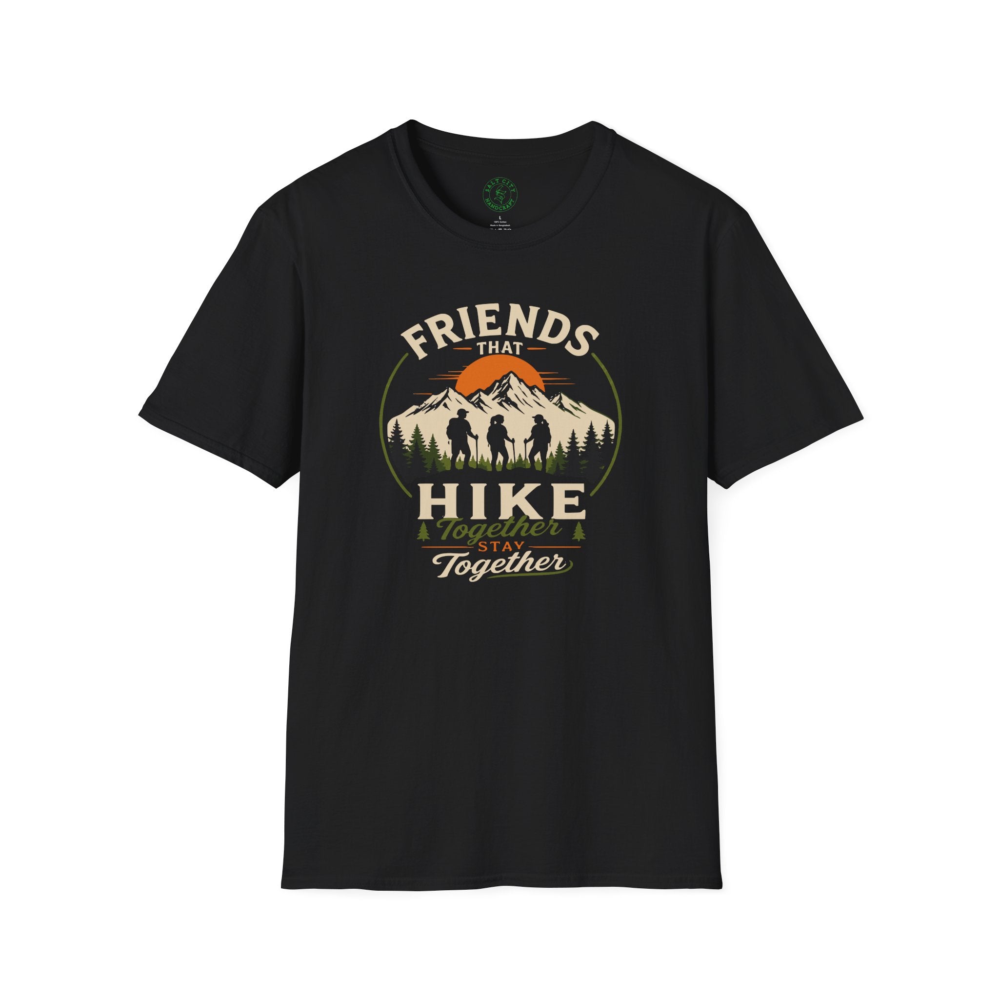 Hiking T-Shirt — "Friends That Hike Together" Retro Mountain Crew Tee