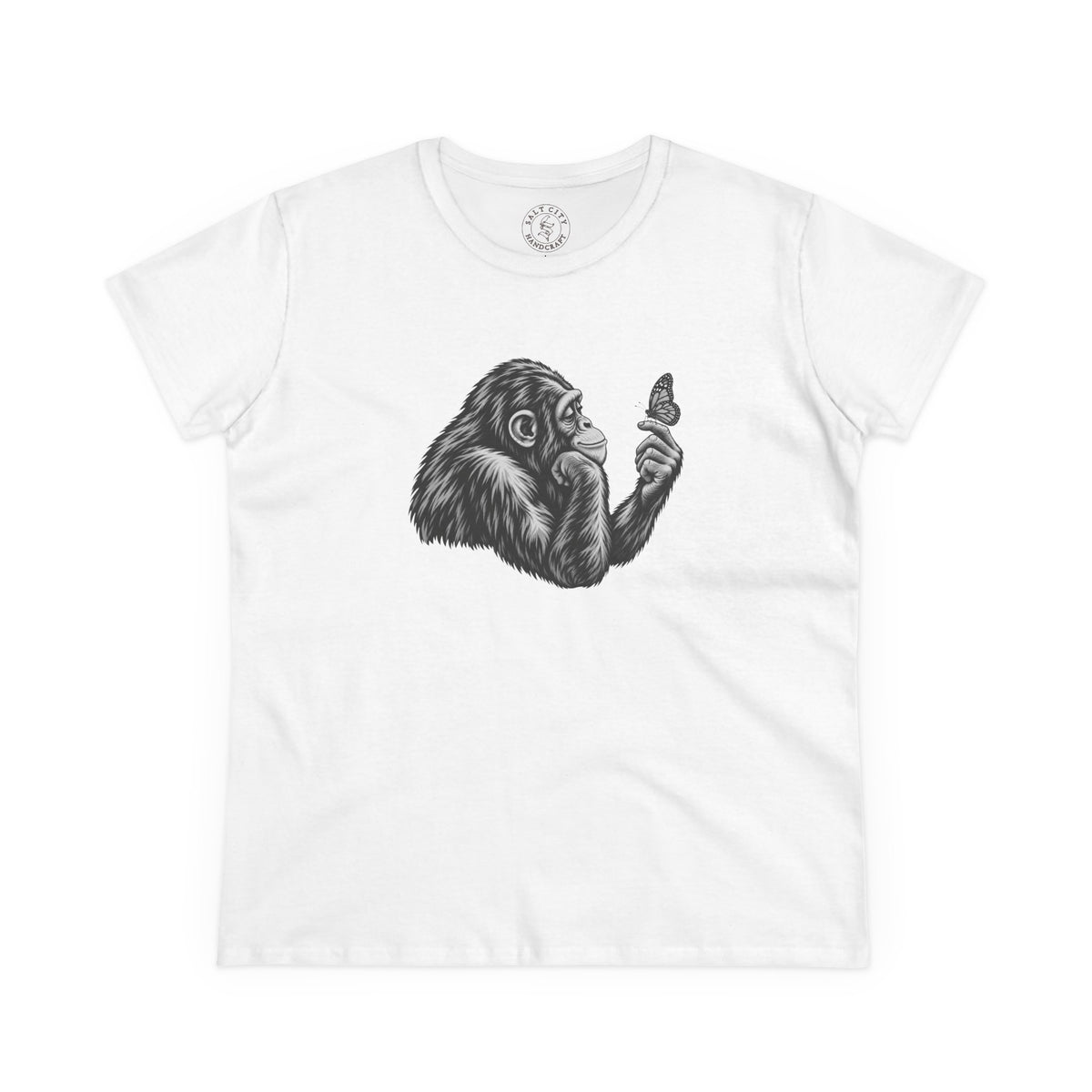 Chimpanzee & Butterfly Women's Tee — Nature-Inspired Graphic Shirt