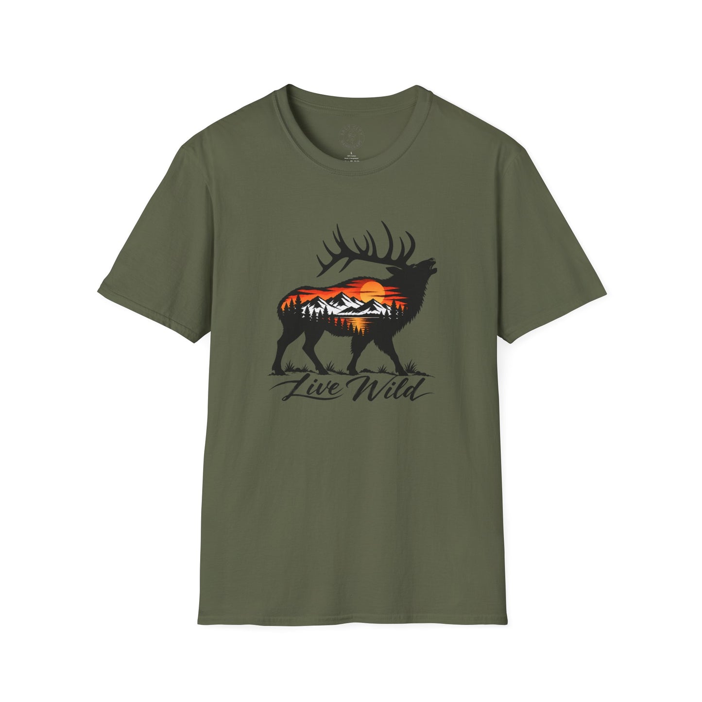 Elk Sunset T-Shirt — “Live Wild” Mountain Nature Graphic Tee