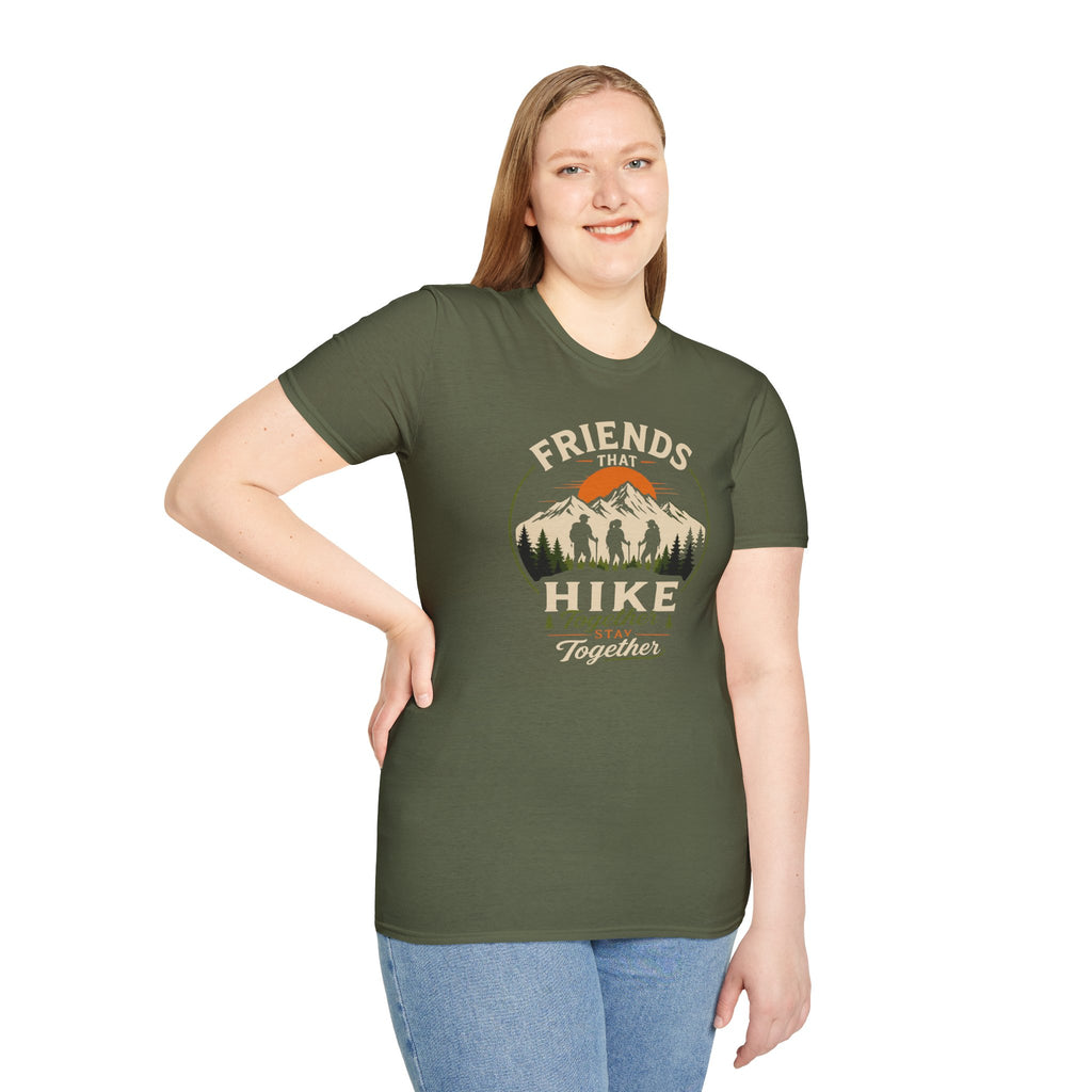 Hiking T-Shirt — "Friends That Hike Together" Retro Mountain Crew Tee