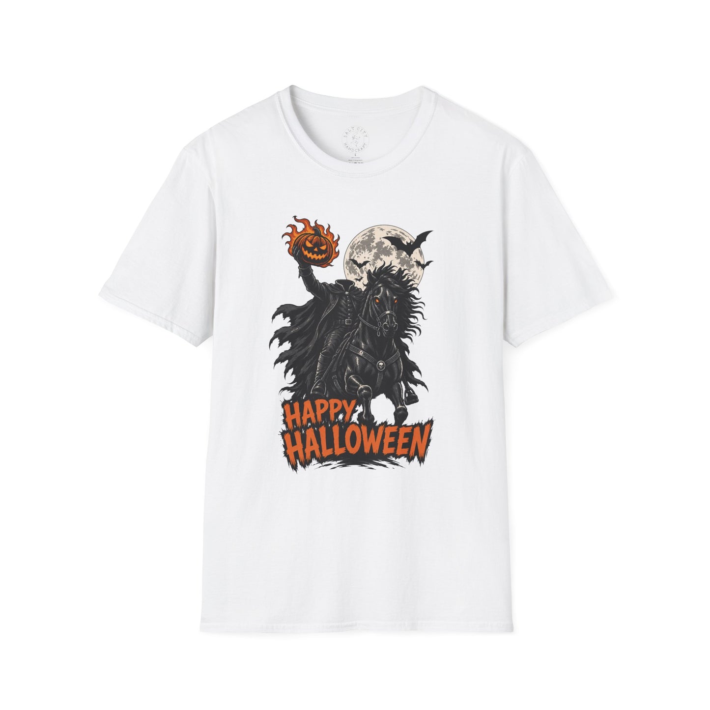Happy Halloween Headless Horseman T‑Shirt — Pumpkin Head, Full Moon Gothic Tee