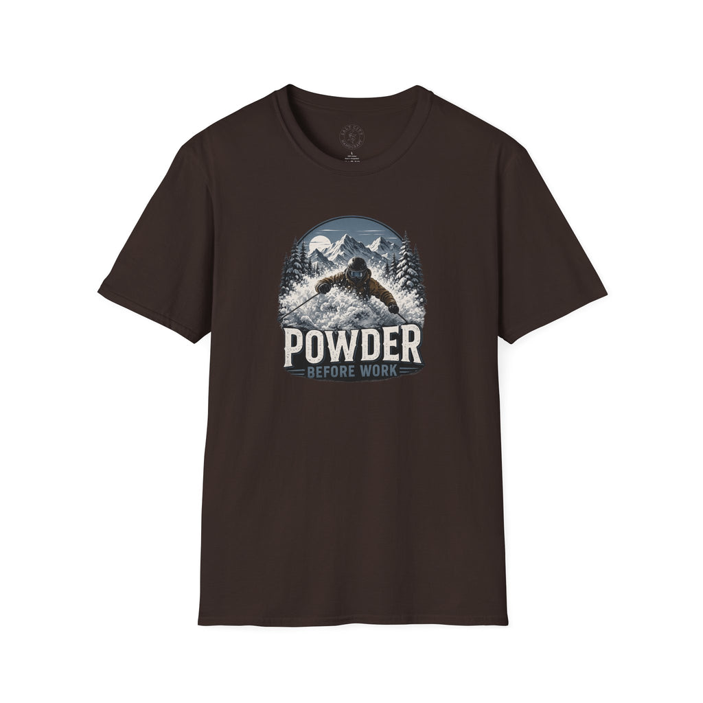 Powder Before Work Ski T-Shirt | Vintage Mountain Snowboarding Tee | Unisex Tee