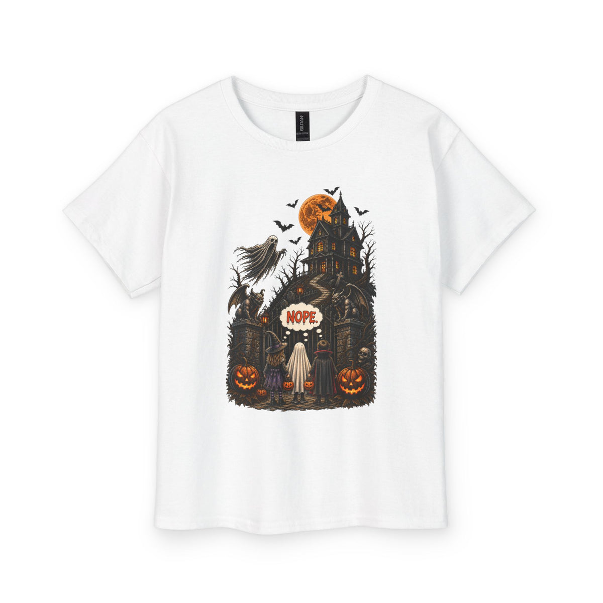 YOUTH Halloween Tee — Spooky Haunted House Halloween Shirt (“NOPE” Design)