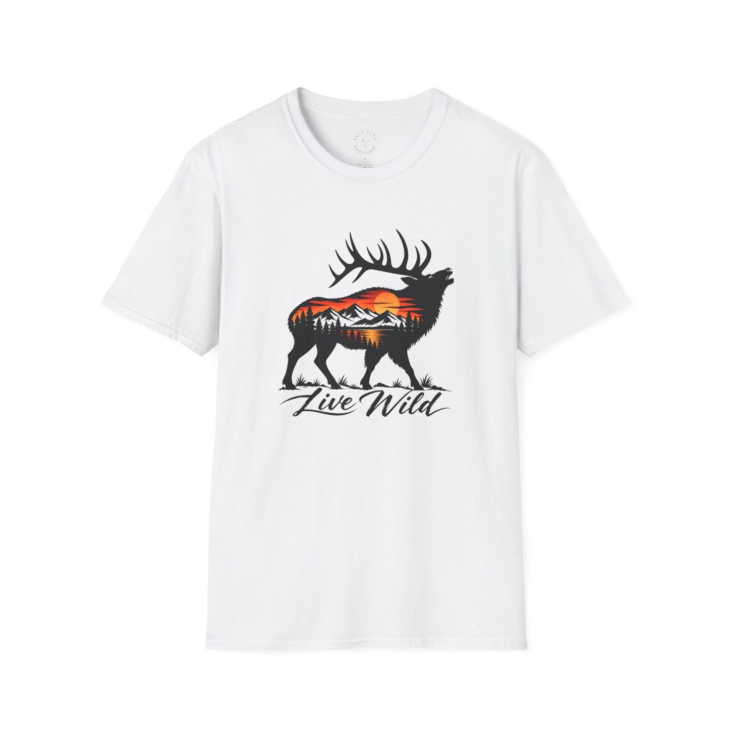 Elk Sunset T-Shirt — “Live Wild” Mountain Nature Graphic Tee