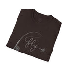 Fly Fishing T-Shirt — Minimal Fly & Rod Illustration