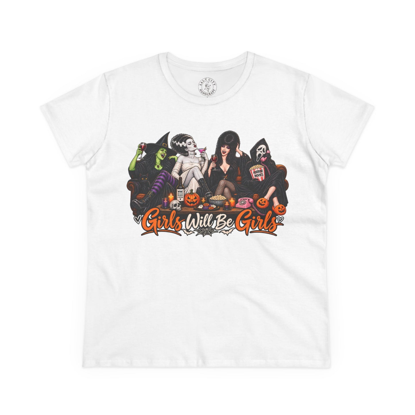 Girls Will Be Girls Halloween Graphic Tee — Retro Horror Shirt for Women