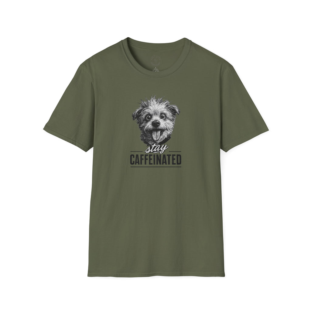 Stay Caffeinated Dog T-Shirt — Cute Pup Coffee Lover Tee