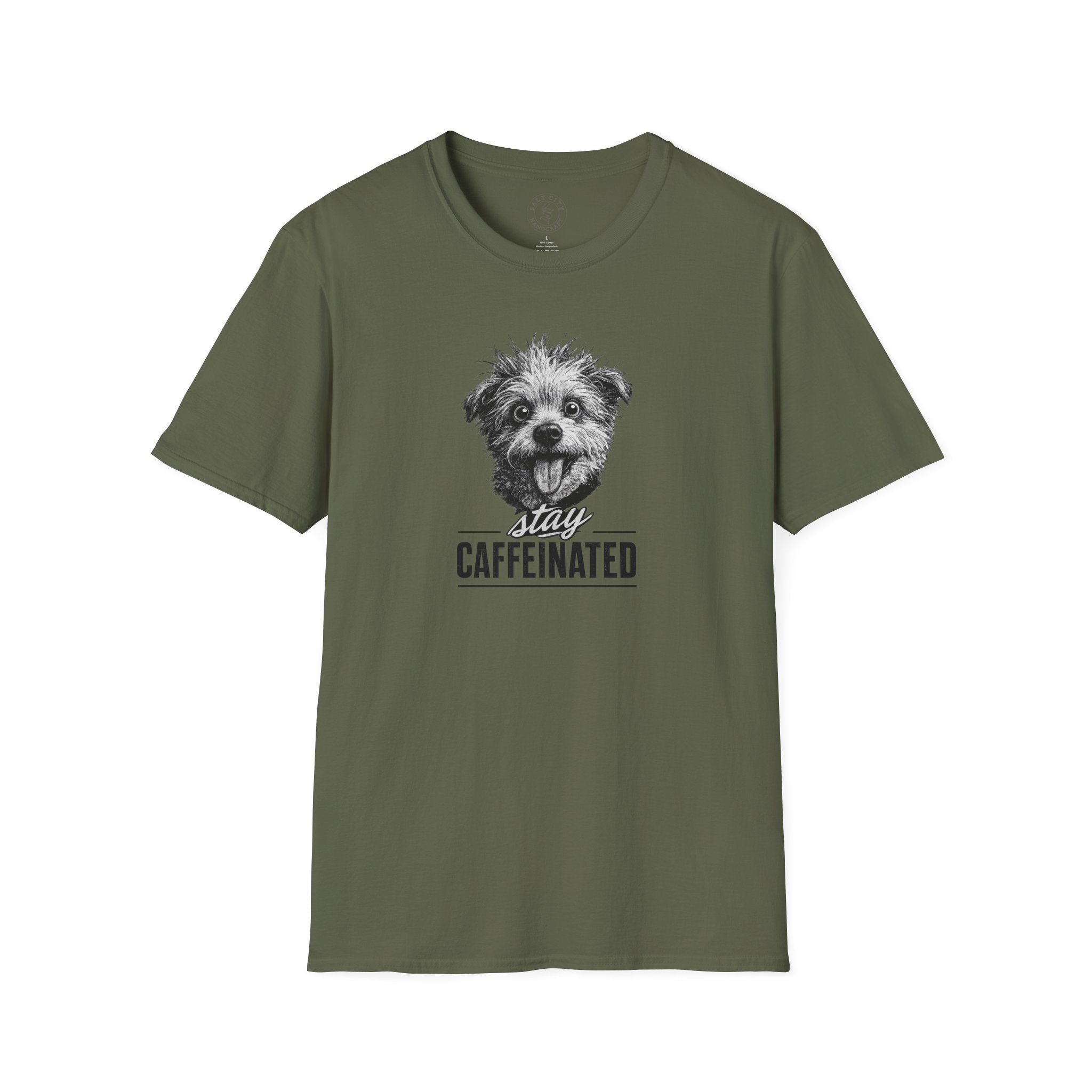 Stay Caffeinated Dog T-Shirt — Cute Pup Coffee Lover Tee