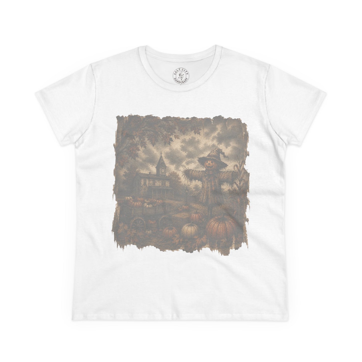 Women's Halloween Pumpkin Patch Tee - Haunted Patch Autumn Graphic Shirt - Faded Design
