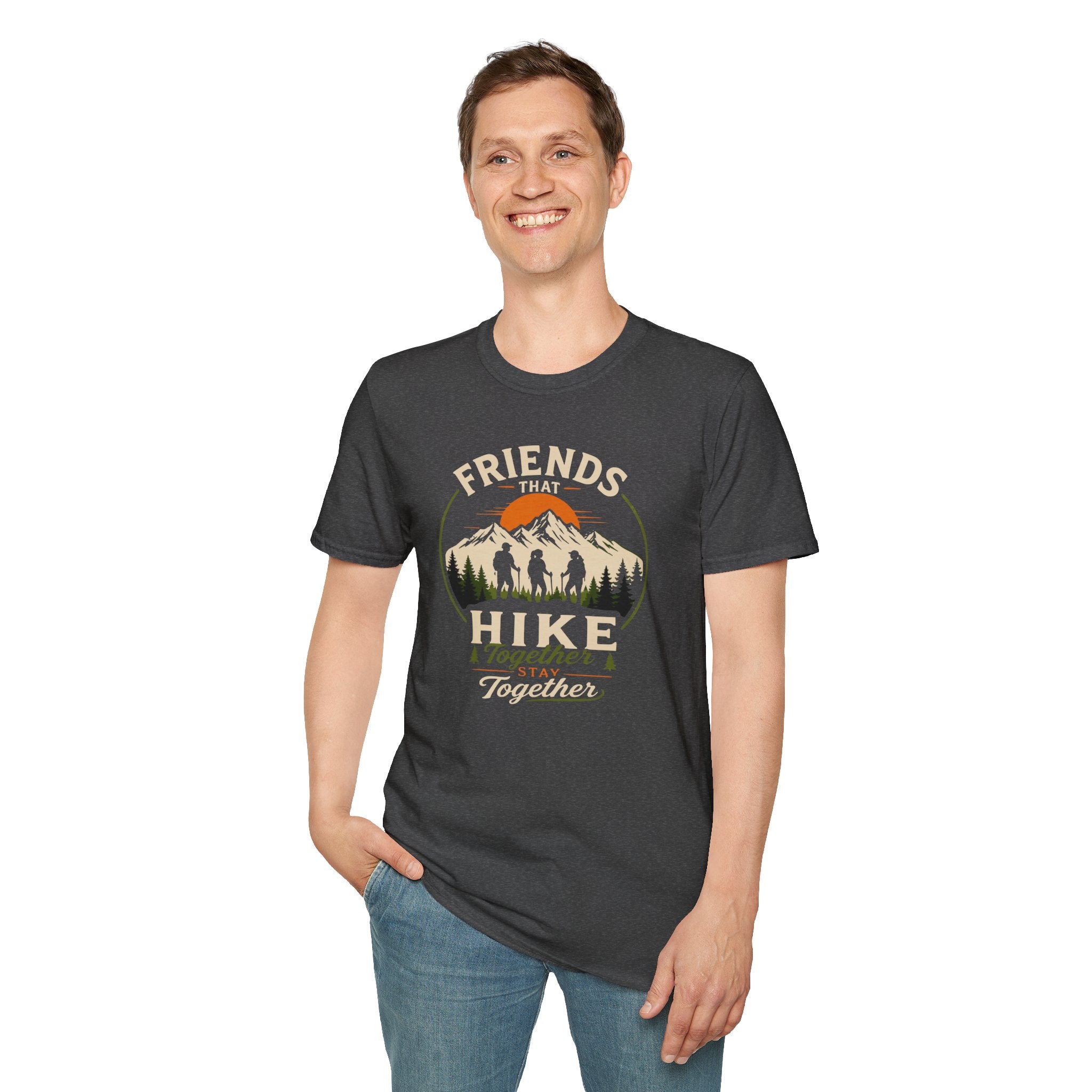 Hiking T-Shirt — "Friends That Hike Together" Retro Mountain Crew Tee