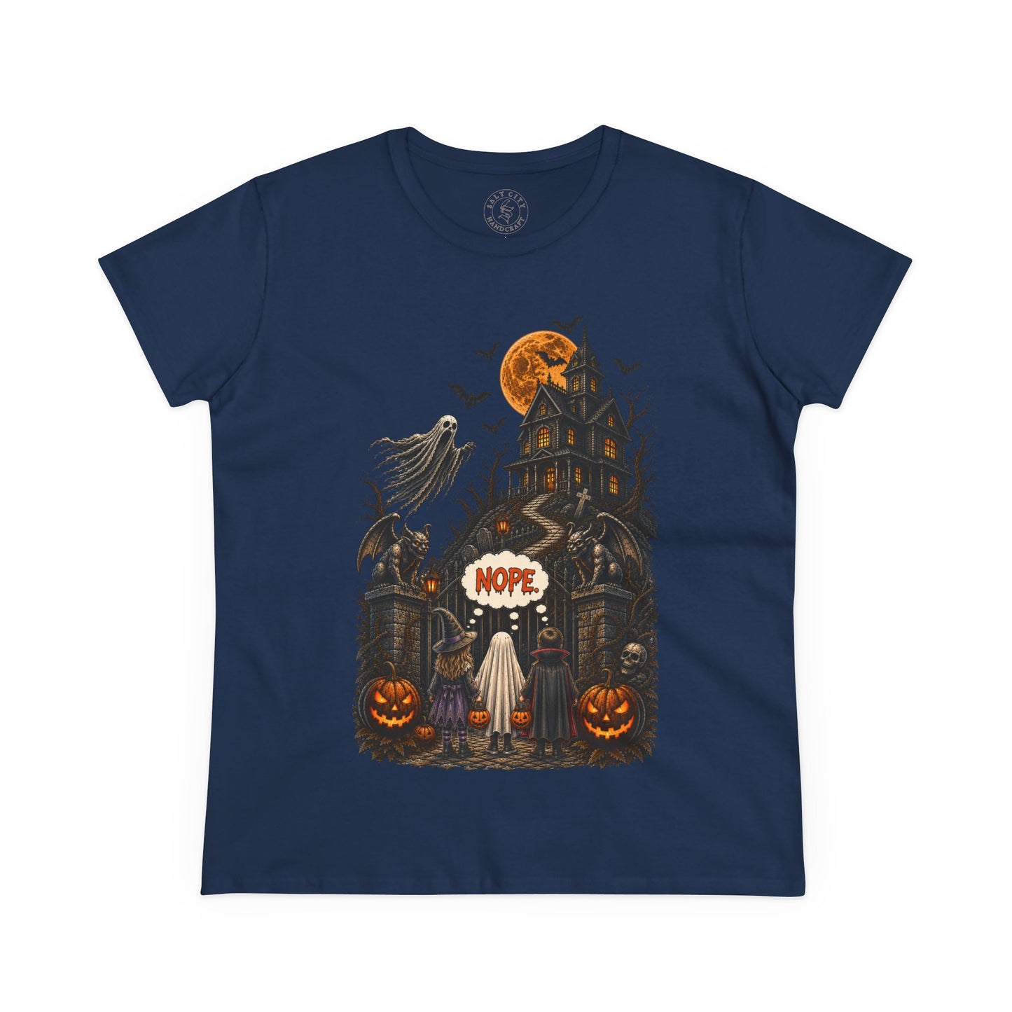 Women's Halloween Haunted House T-Shirt — 'Nope' Ghost Kids Pumpkin Tee